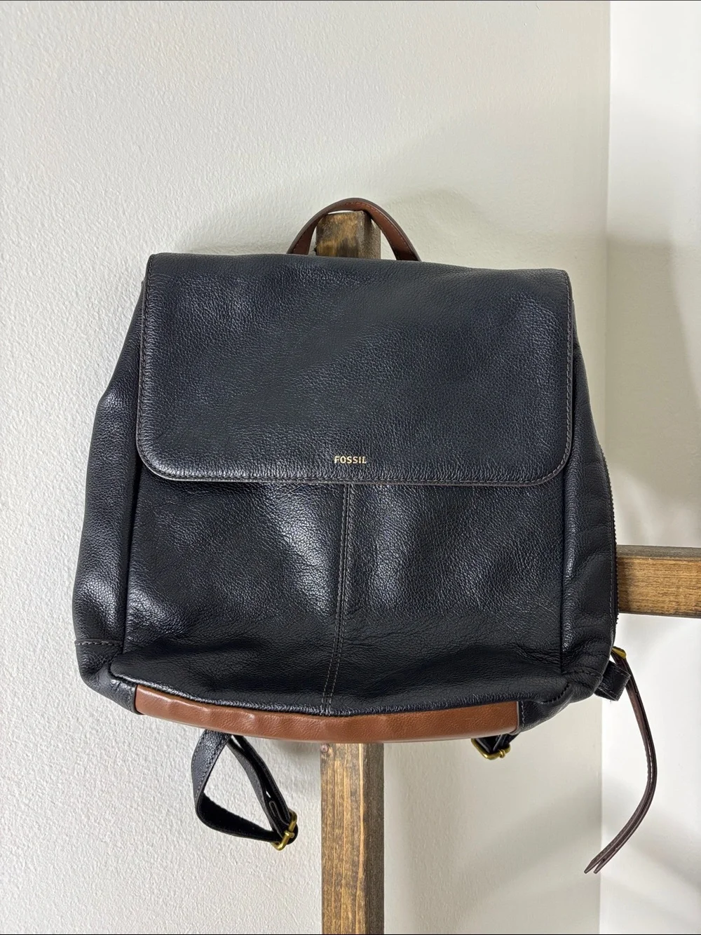 Fossil Black Leather Backpack and Wallet Set with Brown Accent